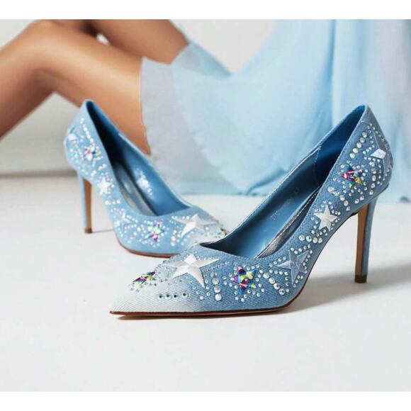 NEW Blue Jean Sparkly Rhinestone Star Embellished Denim Stiletto Heels - Picture 5 of 14